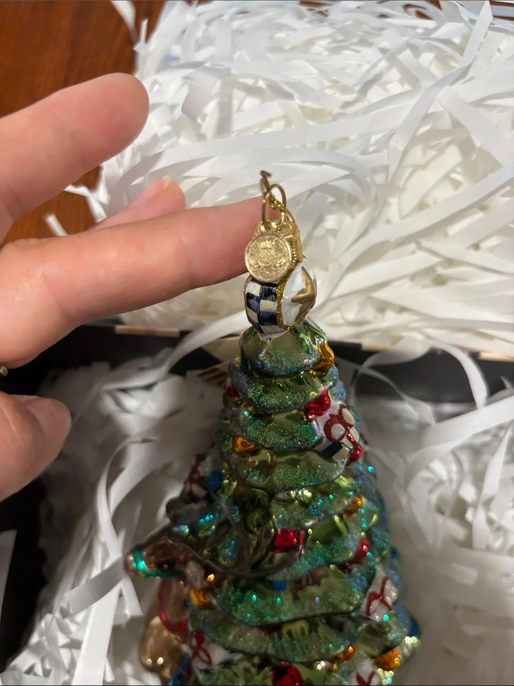 MacKenzie-Childs Green Glass Reindeer and Tree Ornament with Multi-Color Accents